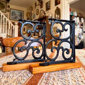 Set of 2 Heavy Vintage Ornate Cast Iron and Wood Wall Brackets / Bookends